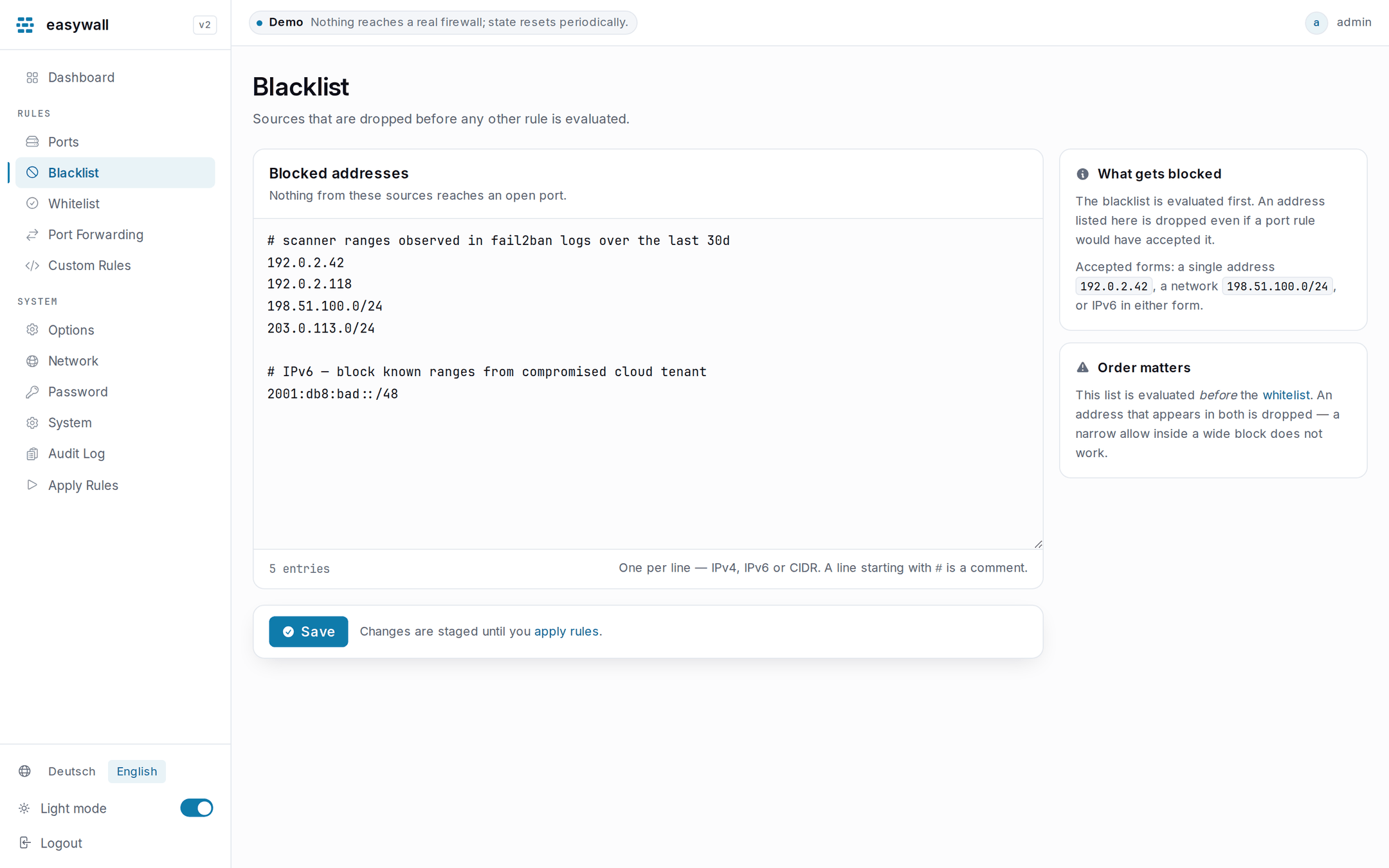 The blacklist editor: a textarea of blocked addresses with a live entry count, per-line validation, and context cards explaining what gets blocked and that the order matters.