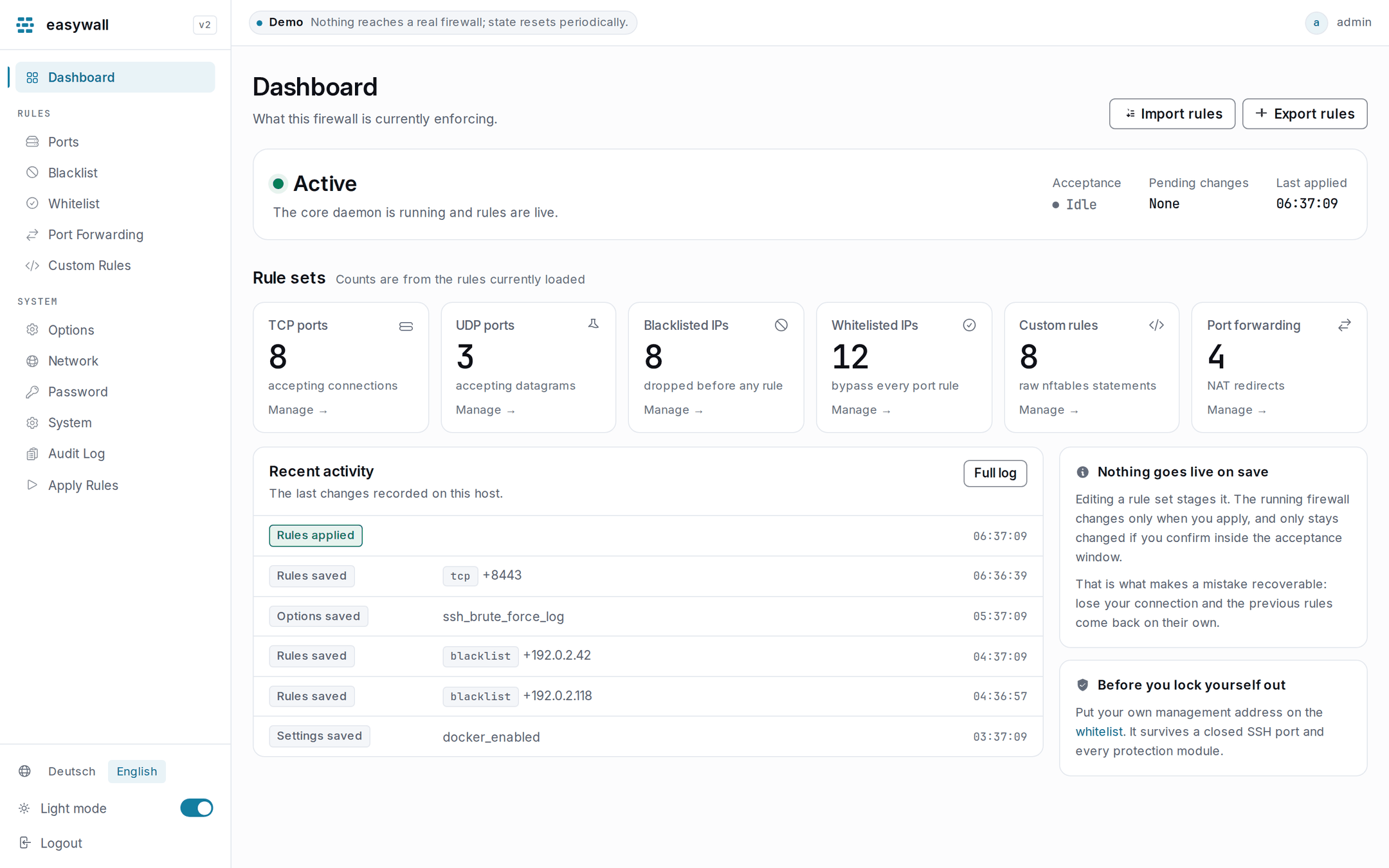 The easywall dashboard: firewall status with acceptance state, pending changes and last apply; tiles counting TCP ports, UDP ports, blacklist, whitelist, custom rules and forwarding; and a recent-activity list.