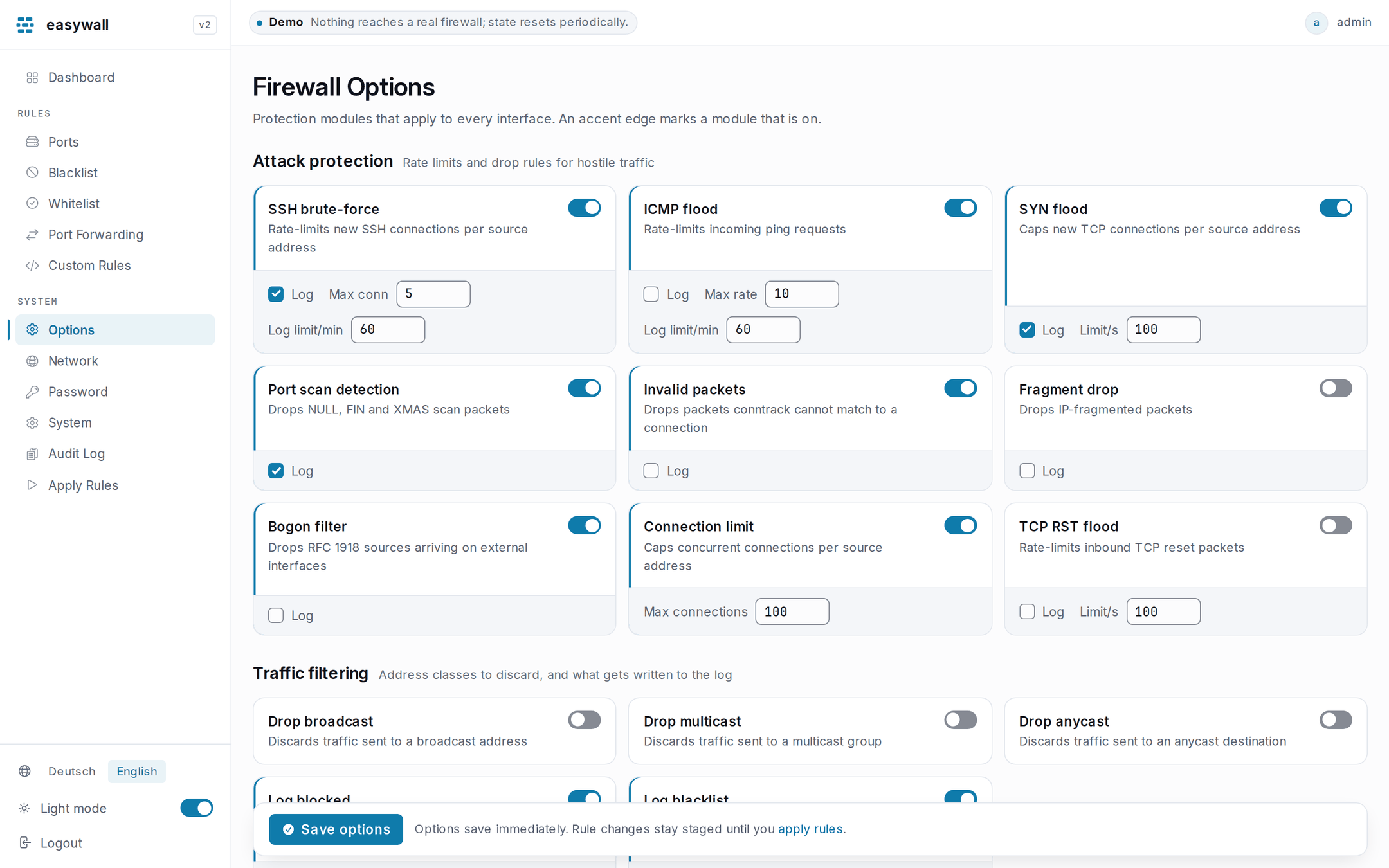 The firewall options page: a grid of protection module cards under Attack protection and Traffic filtering, each with a toggle and its own parameters. An accent edge marks a module that is switched on.