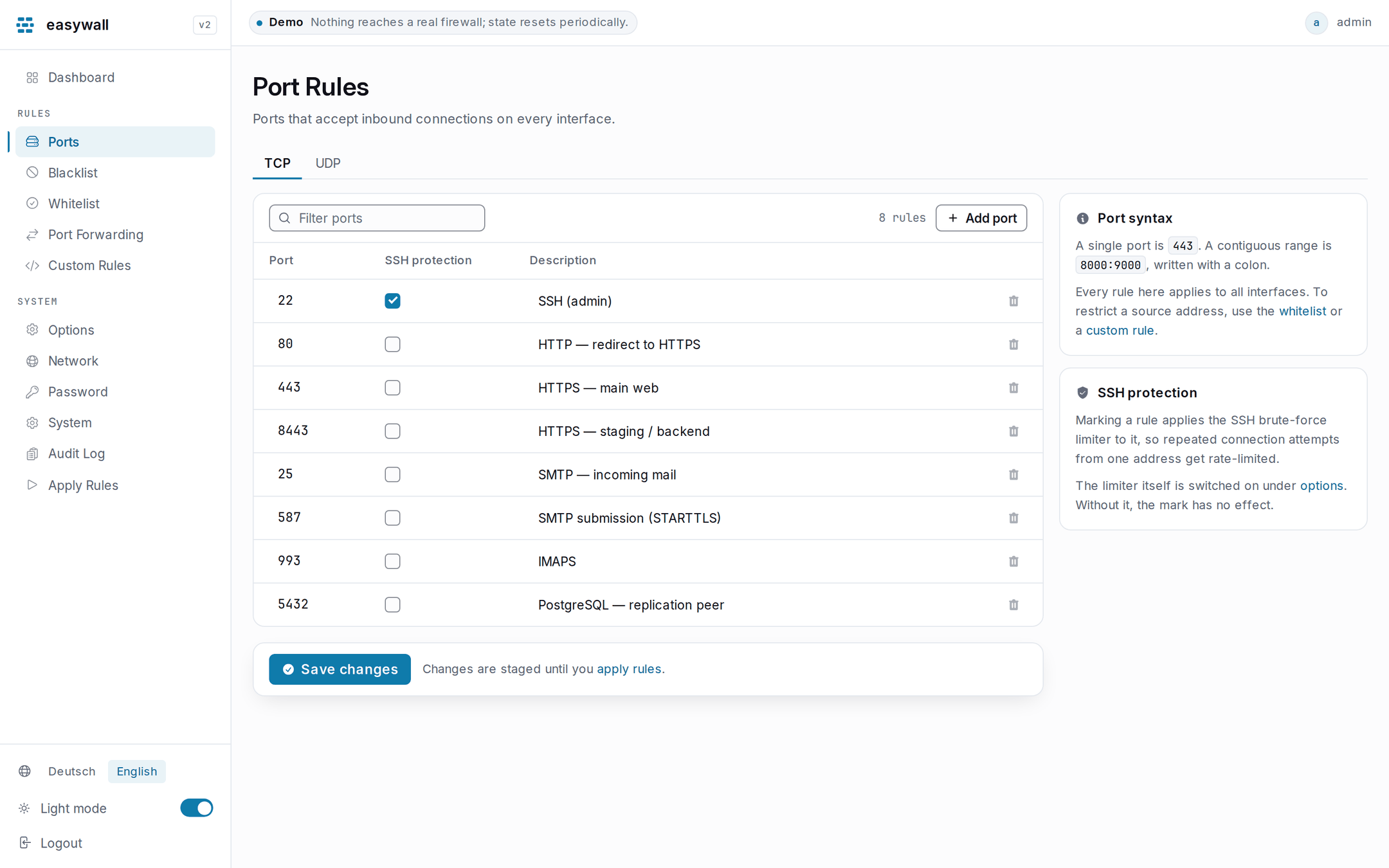 The port rules page: TCP and UDP tabs, a filter box, a table of ports with an SSH protection checkbox and description, and context cards explaining port syntax and SSH protection.